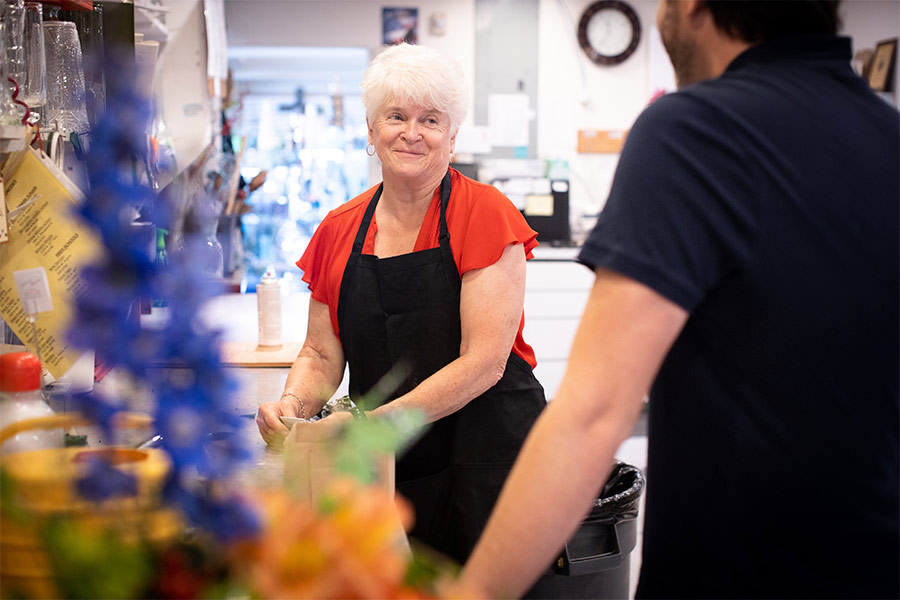 Barronelle Stutzman speaks with a customer at Arlene's Flowers.